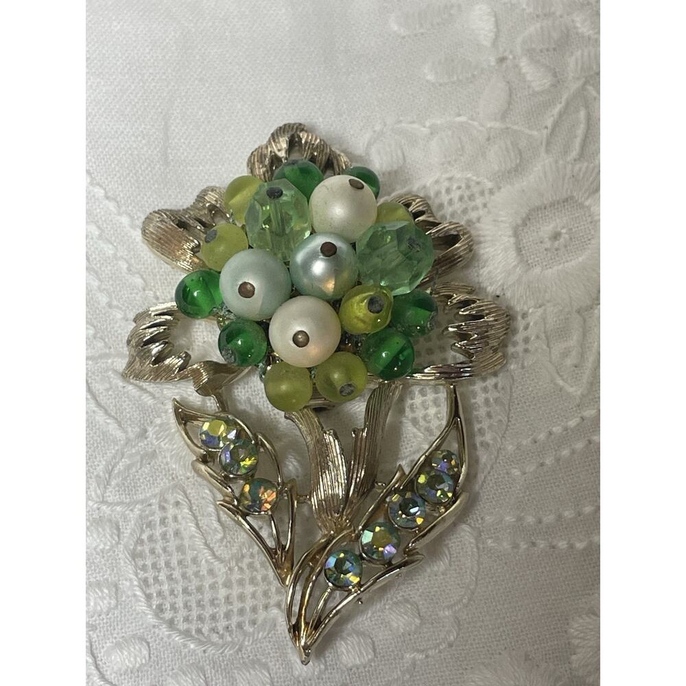 Vtg Floral Bouquet Brooch Iridescent Rhinestones Faux Pearls & Crystal Beads